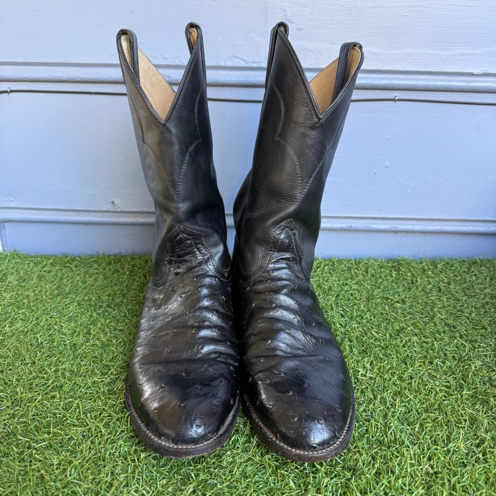 Vtg Nocona Full Quill Ostrich Leather Western Cowboy Boots Mens Size 8 EE Black